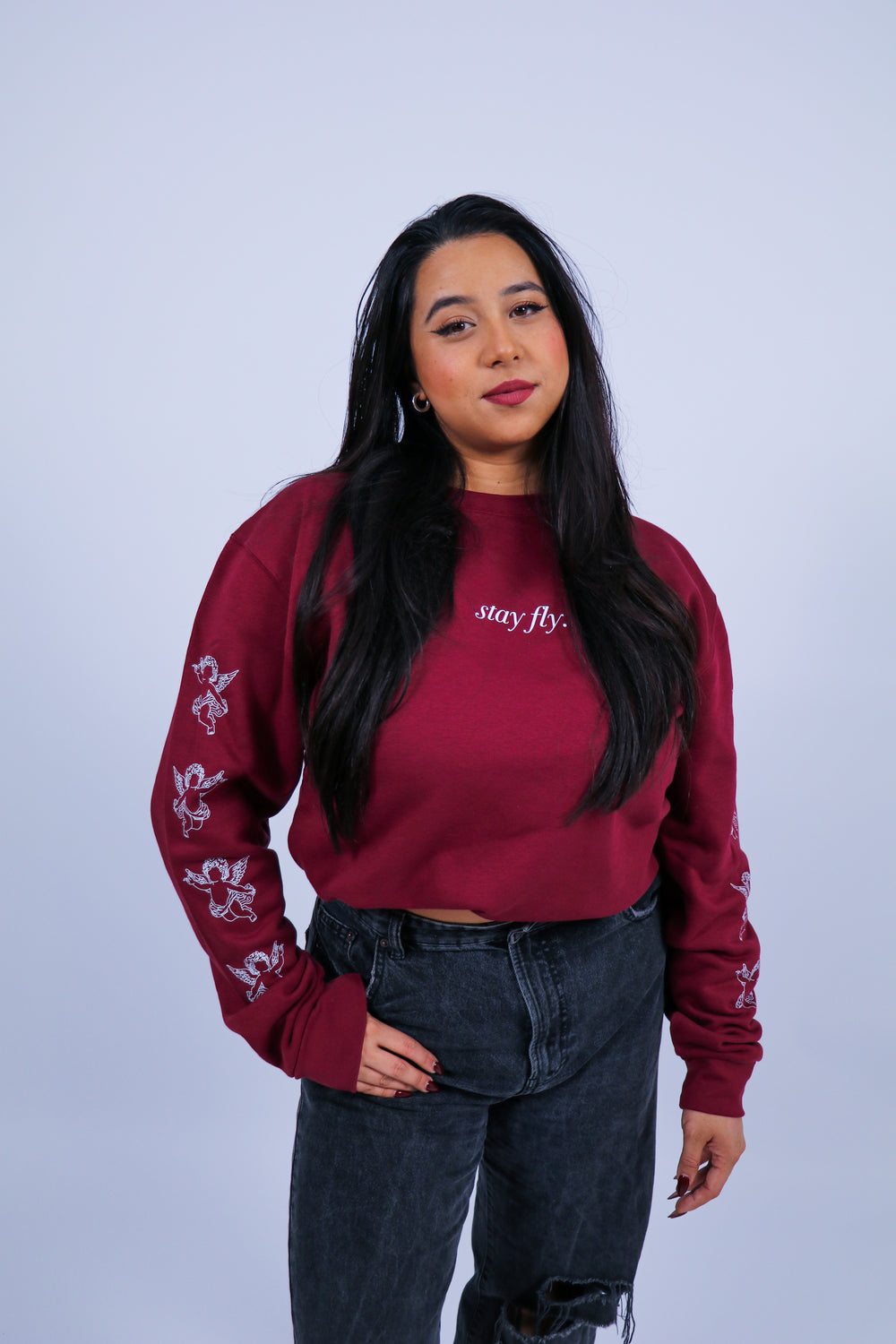 Burgundy Angel Sleeve Print Sweatshirt