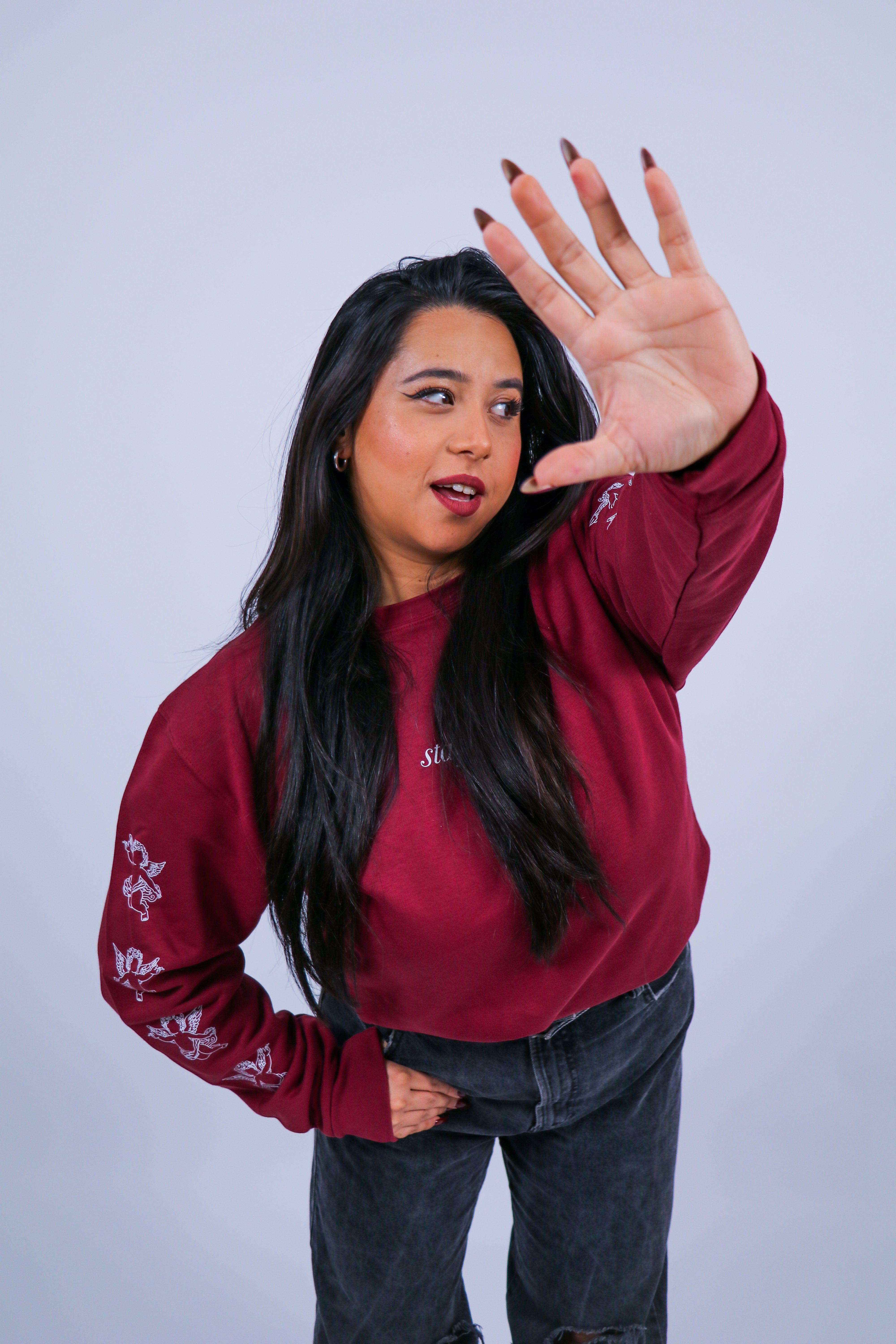 Burgundy Angel Sleeve Print Sweatshirt