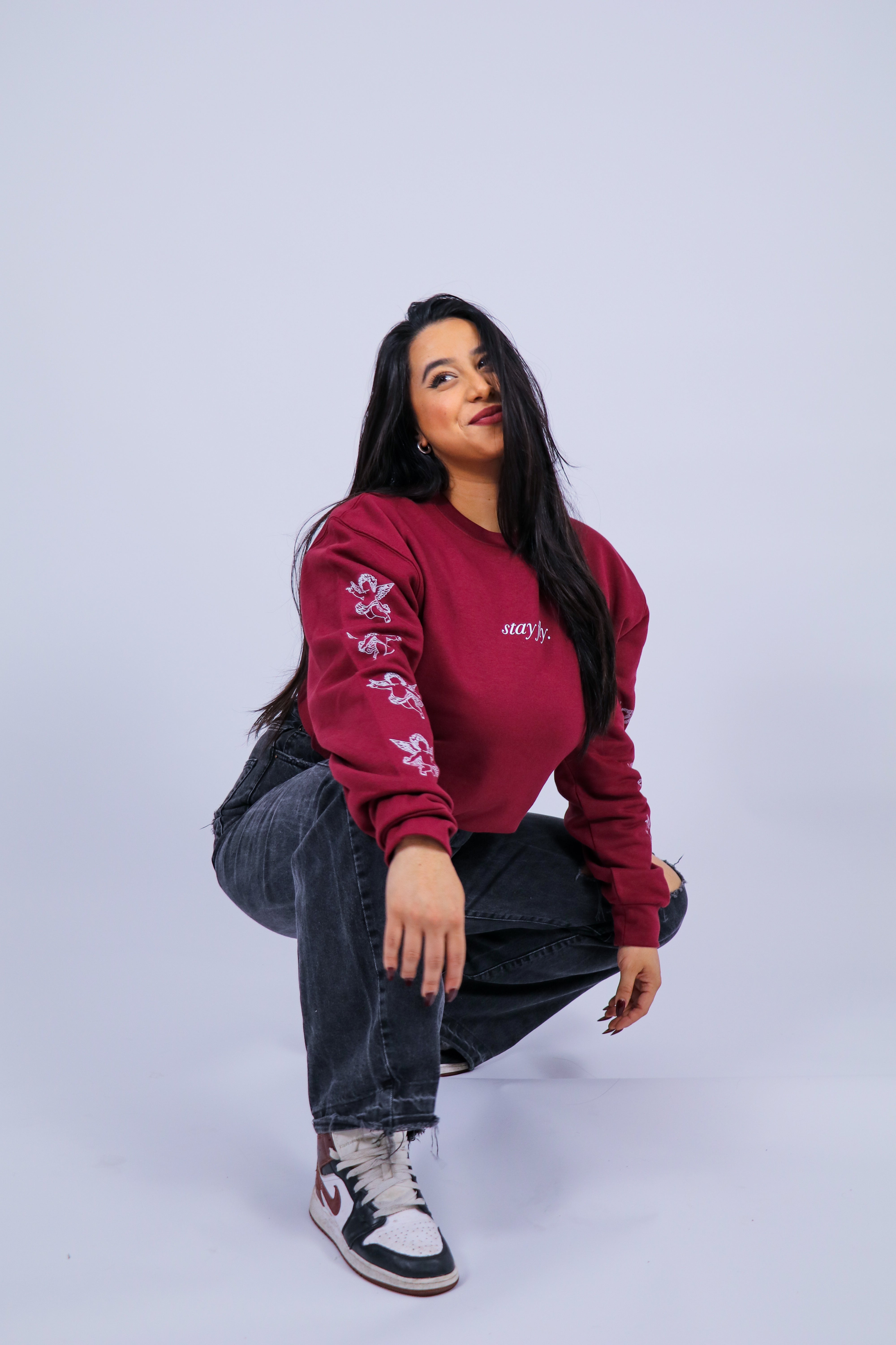 Burgundy Angel Sleeve Print Sweatshirt-3