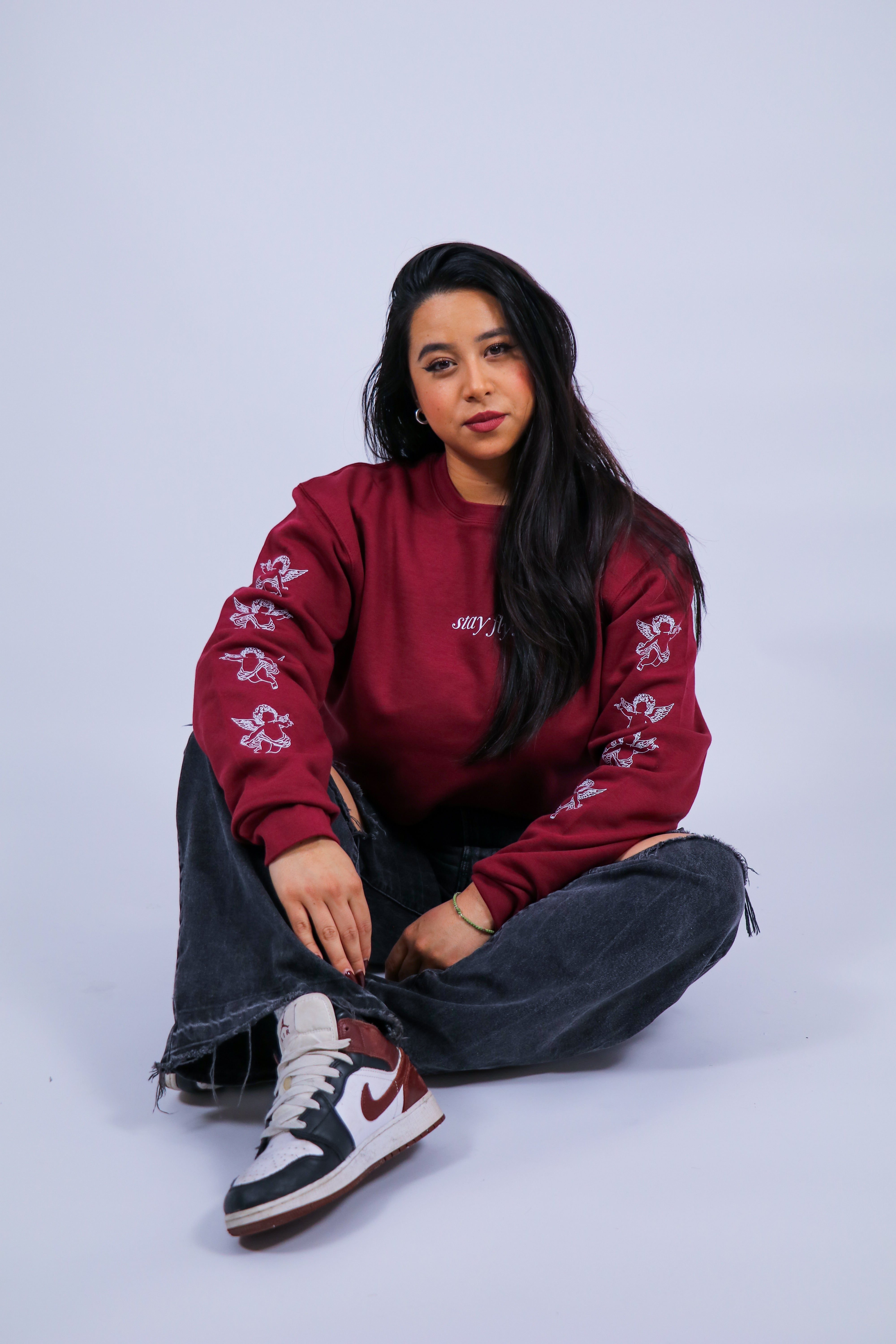 Burgundy Angel Sleeve Print Sweatshirt-4