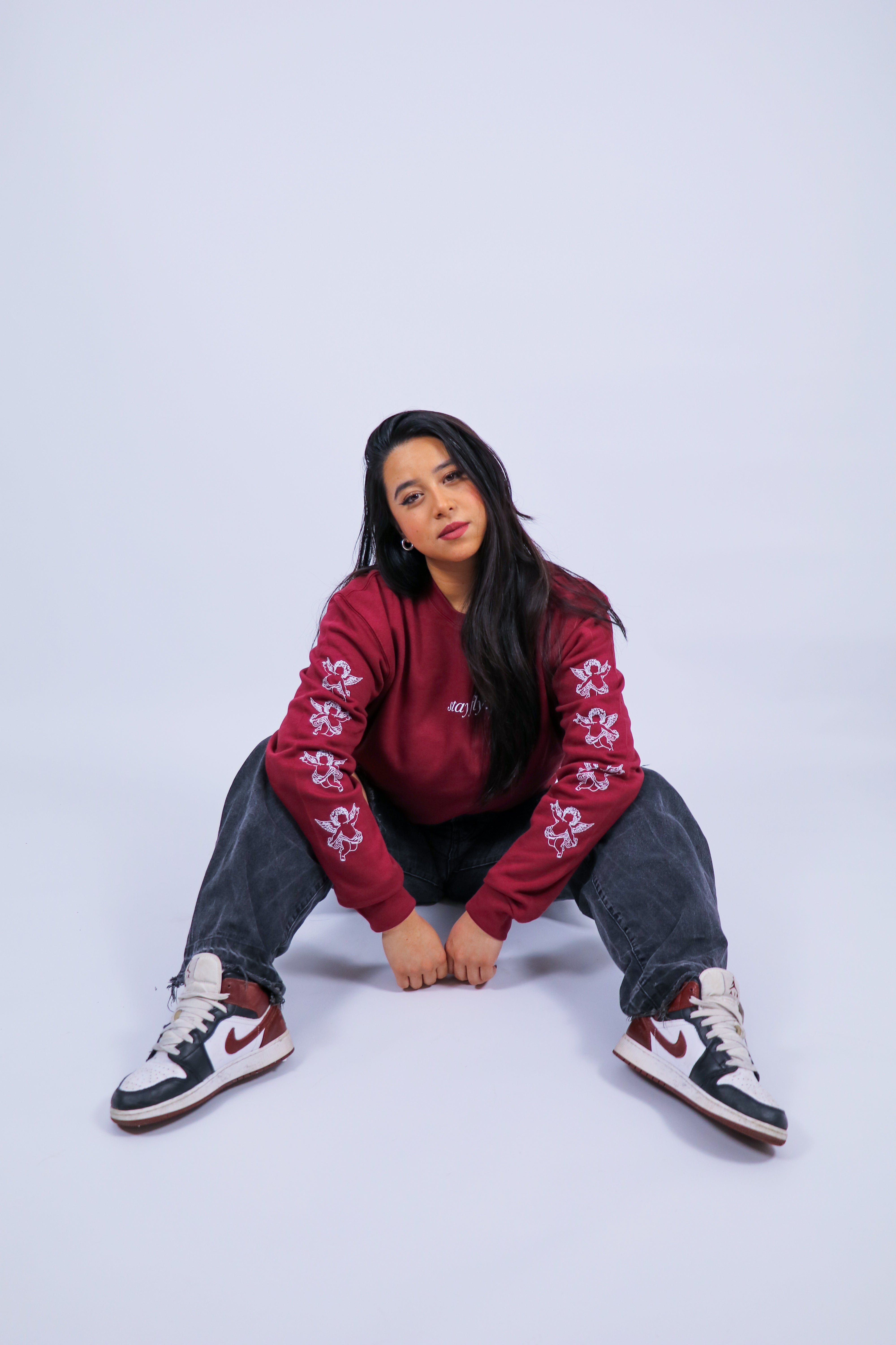 Burgundy Angel Sleeve Print Sweatshirt-5